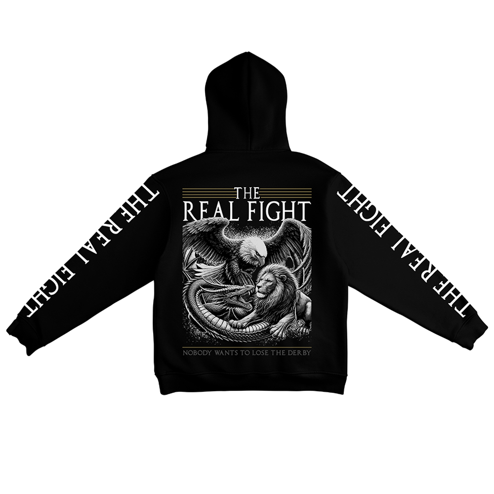 Sweatshirt preta "the real fight", unissexo com capuz - 320 g/m2, 50% algodão, 50% poliéster