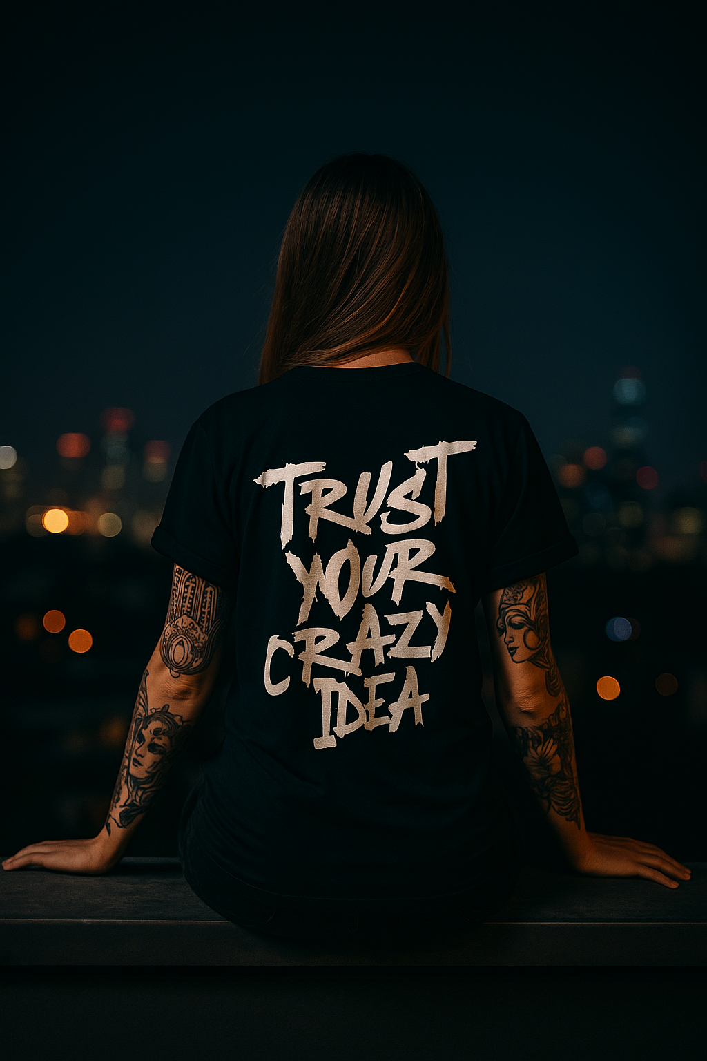 T-shirt oversize preta , "trust your crazy idea", algodão, 200g
