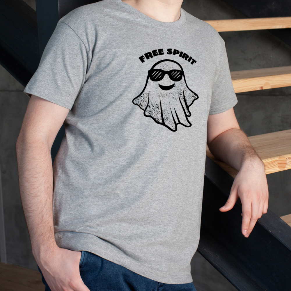 T-shirt preta "free spirit" unissexo 190g, algodão, decote redondo