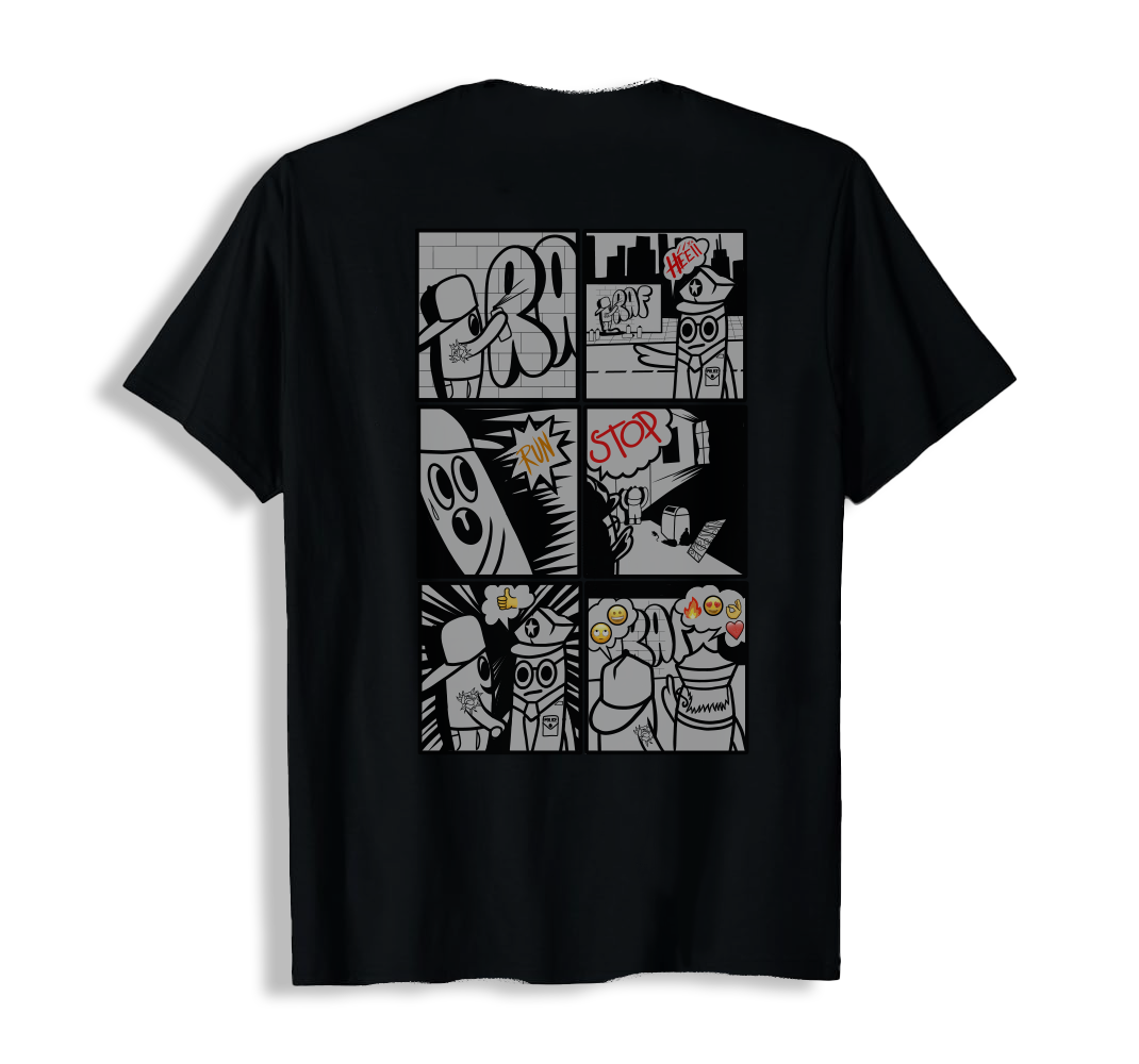 Black t-shirt with "graffiter vs police" illustration, 190g cotton, DTF printing