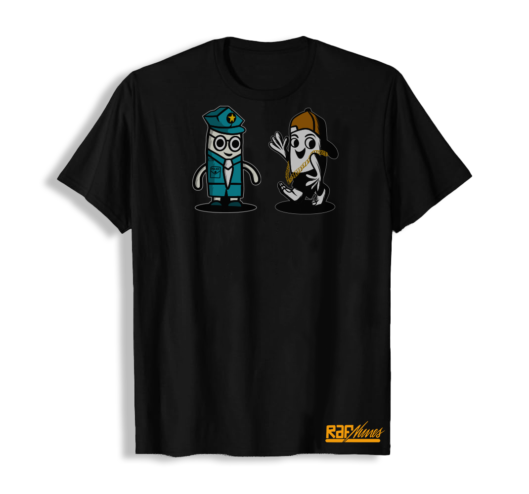Black t-shirt with "graffiter vs police" illustration, 190g cotton, DTF printing