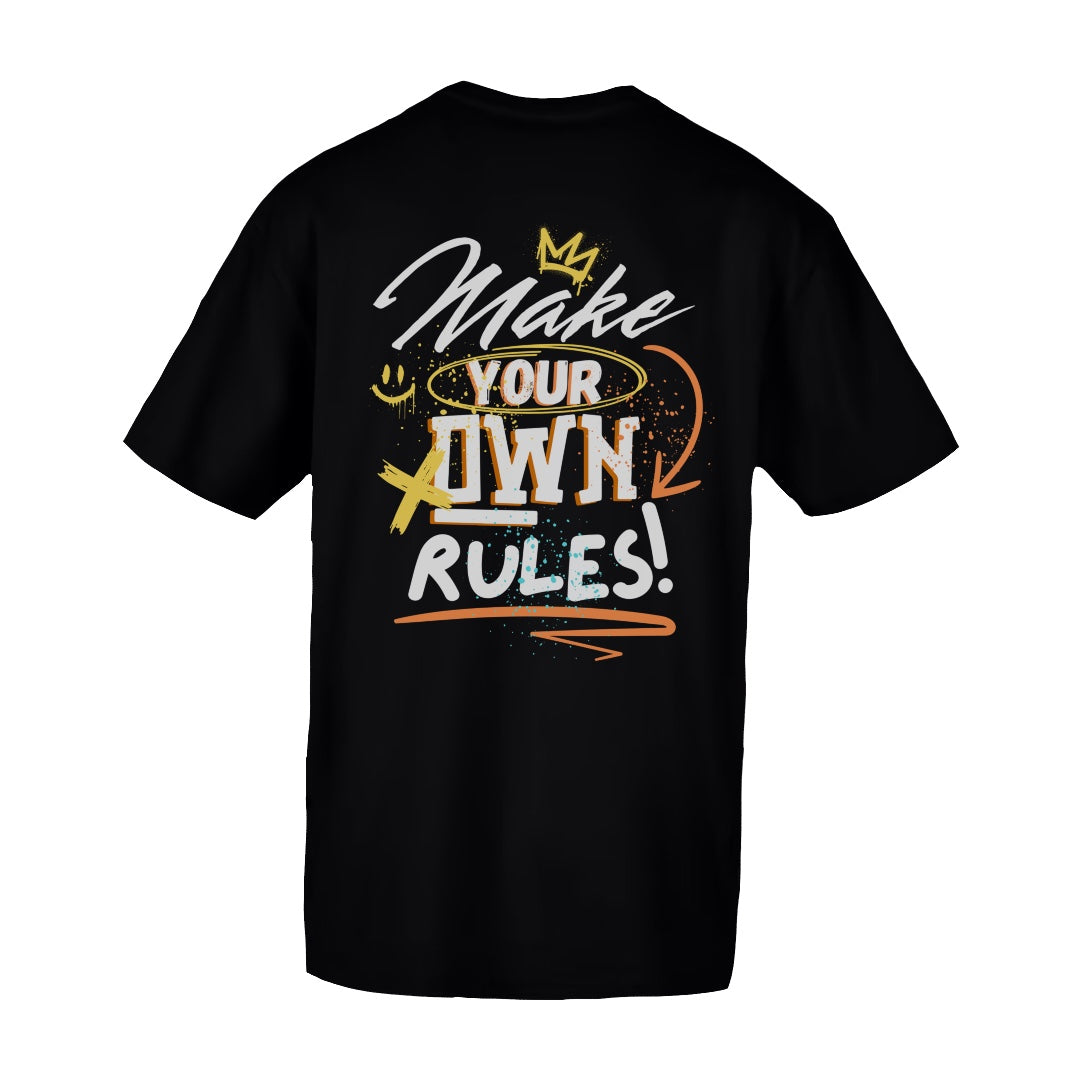 T-shirt oversize preta “Make your own rules!” 100% algodão, 200g