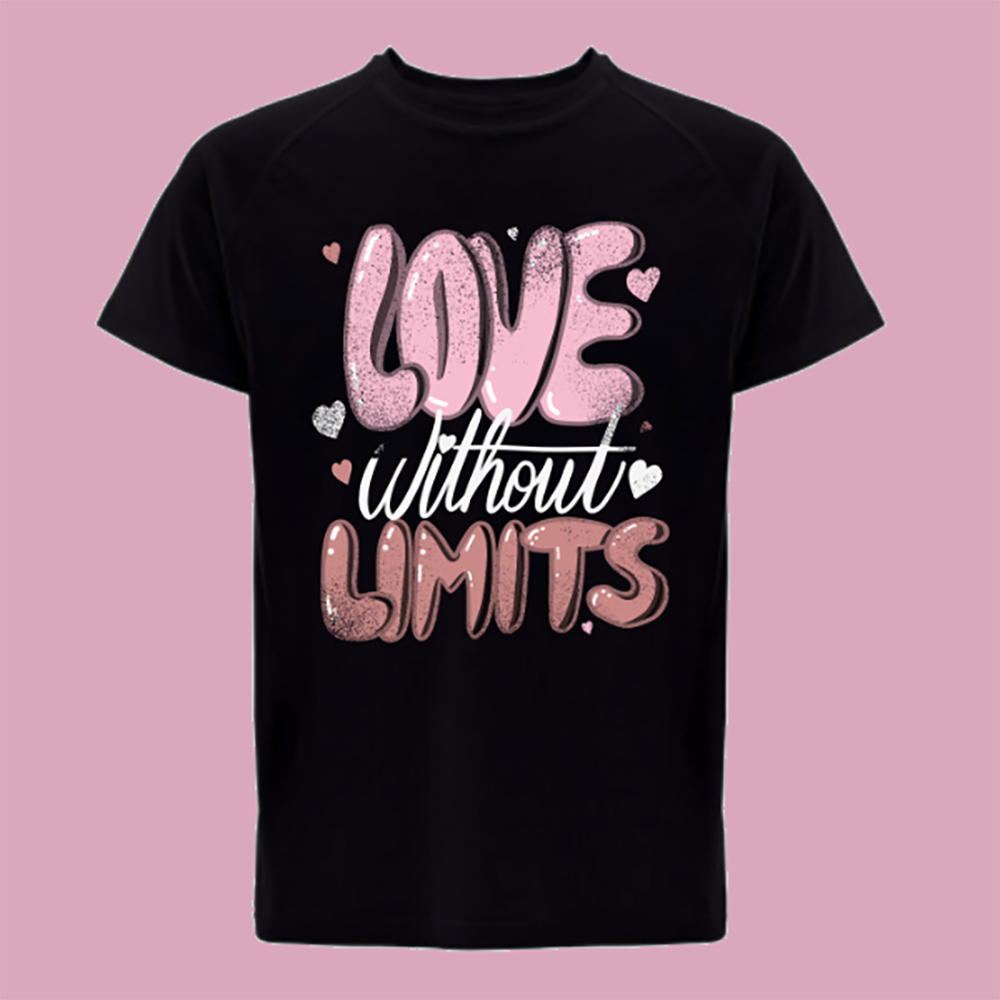 T-shirt preta "Love without limits" unissexo 190g, algodão, decote redondo