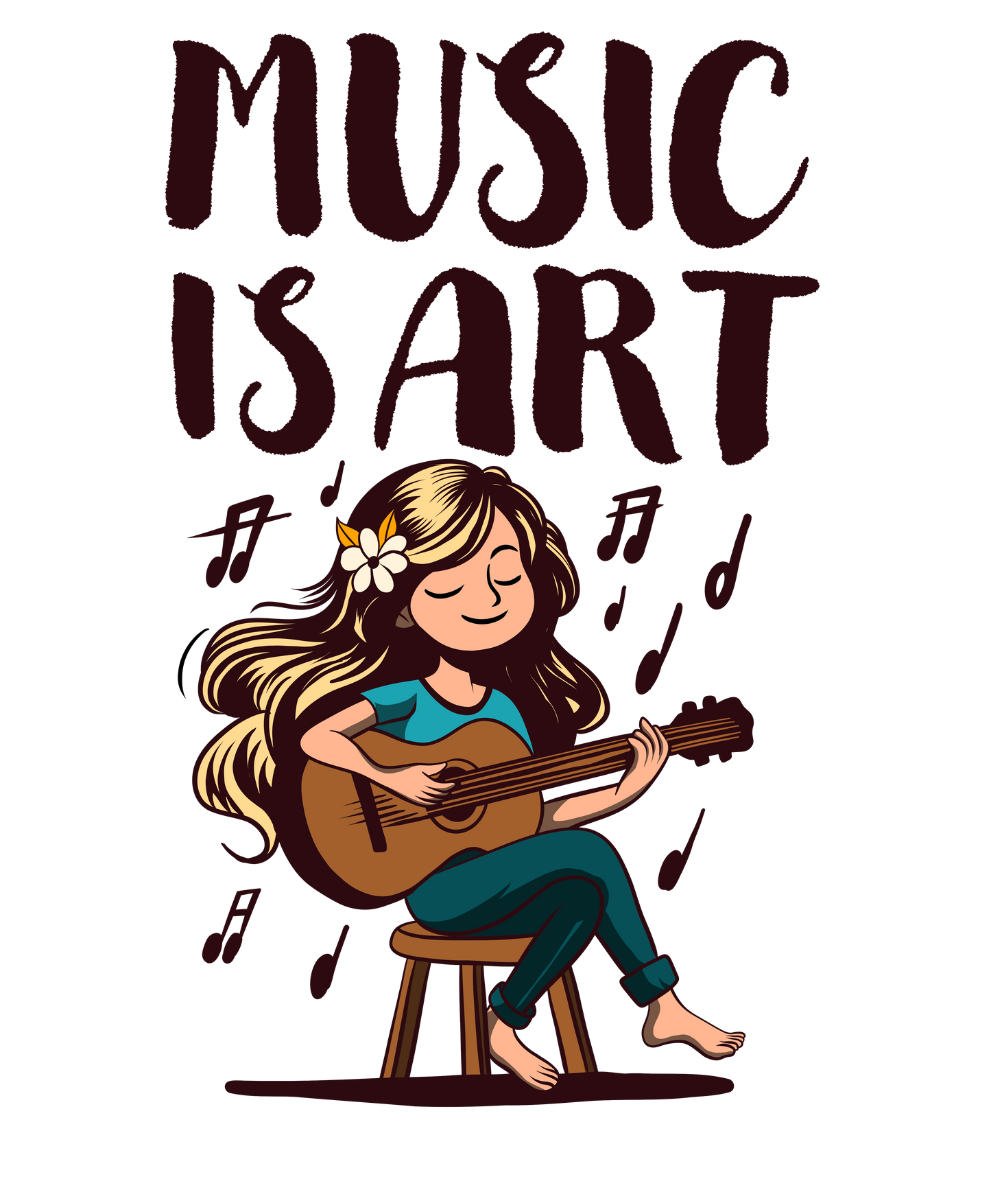 Blue T-shirt with "music is art" illustration, 190g cotton, DTF printing