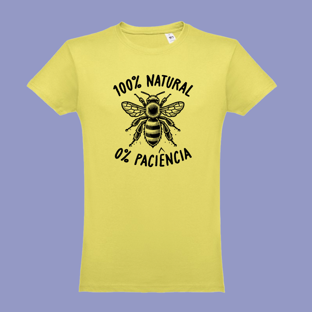 T-shirt preta "100% natural"" unissexo 190g, algodão, decote redondo