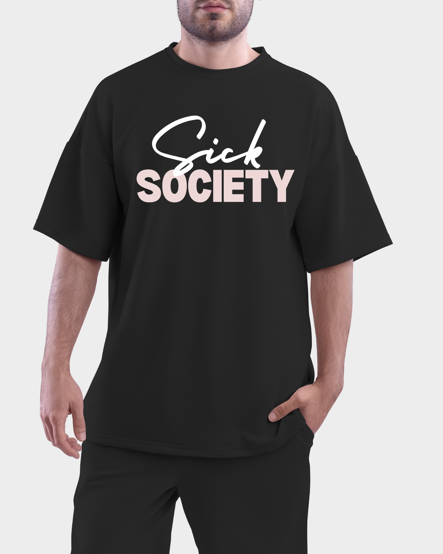 T-shirt oversize preta ou branca , "sick society", algodão, 200g