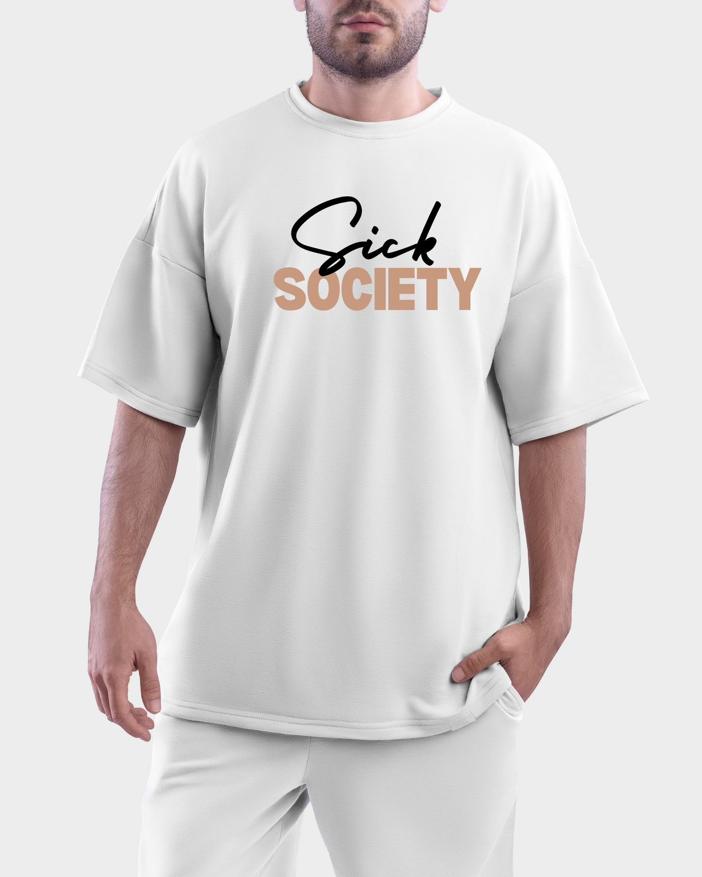 T-shirt oversize preta ou branca , "sick society", algodão, 200g