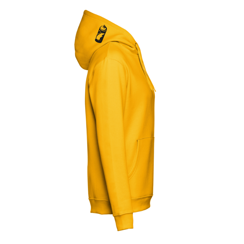 Mustard colored sweatshirt, lettering "we are one"