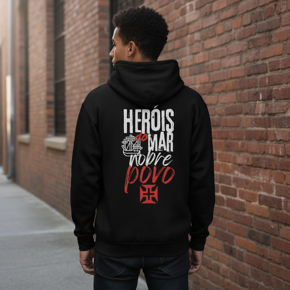 Sweatshirt preta "Heróis do mar", unissexo com capuz - 320 g/m2, 50% algodão, 50% poliéster