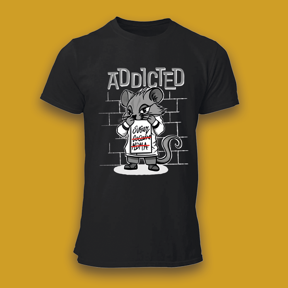 T-shirt preta "Addicted" unissexo 190g, algodão, decote redondo