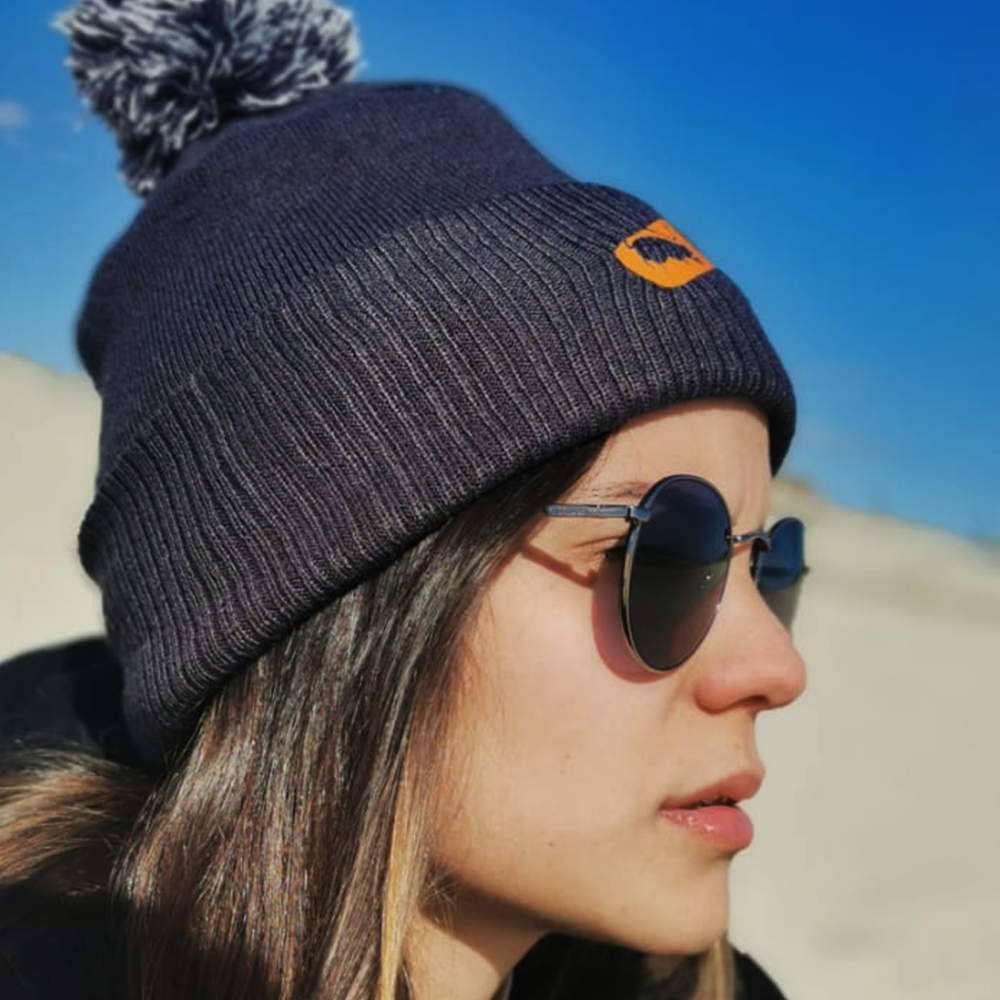 Gray hat with pompom