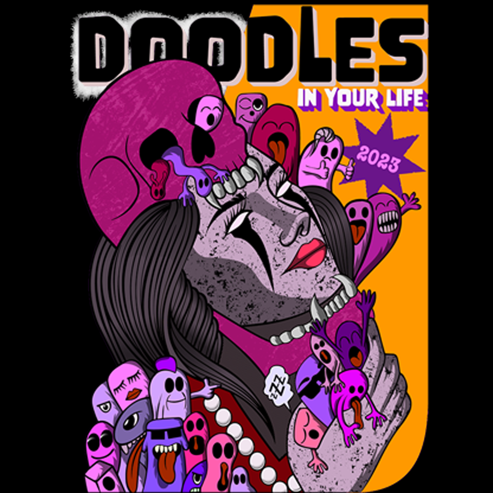 Black t-shirt with illustration "Doodles in your life" made of 190g cotton, DTF printing