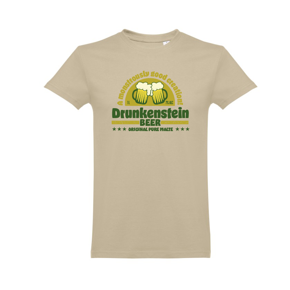 T-shirt creme "drunkenstein"" unissexo 190g, algodão, decote redondo