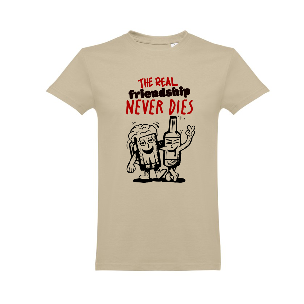 T-shirt creme "friendship never die"" unissexo 190g, algodão, decote redondo