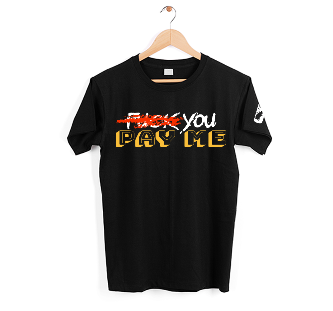 T-shirt preta "F--- you, pay me" unissexo 190g, algodão, decote redondo
