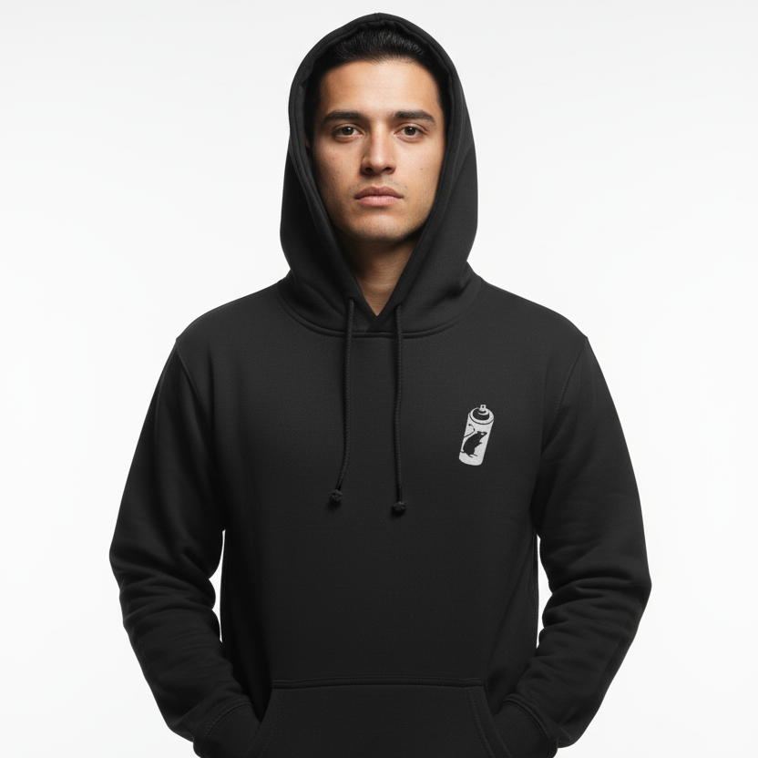 Modelo com sweat preta com capuz em fundo limpo