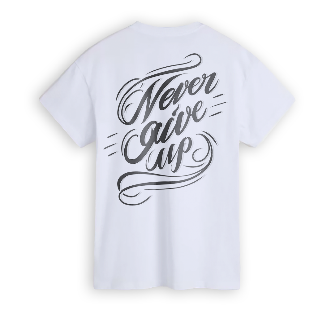 Black t-shirt with "Never Give Up" illustration, 190g cotton, DTF printing