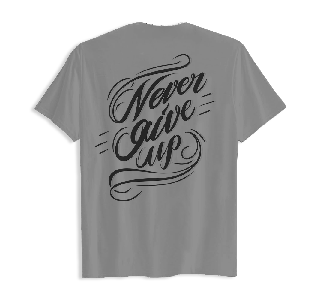 Black t-shirt with "Never Give Up" illustration, 190g cotton, DTF printing