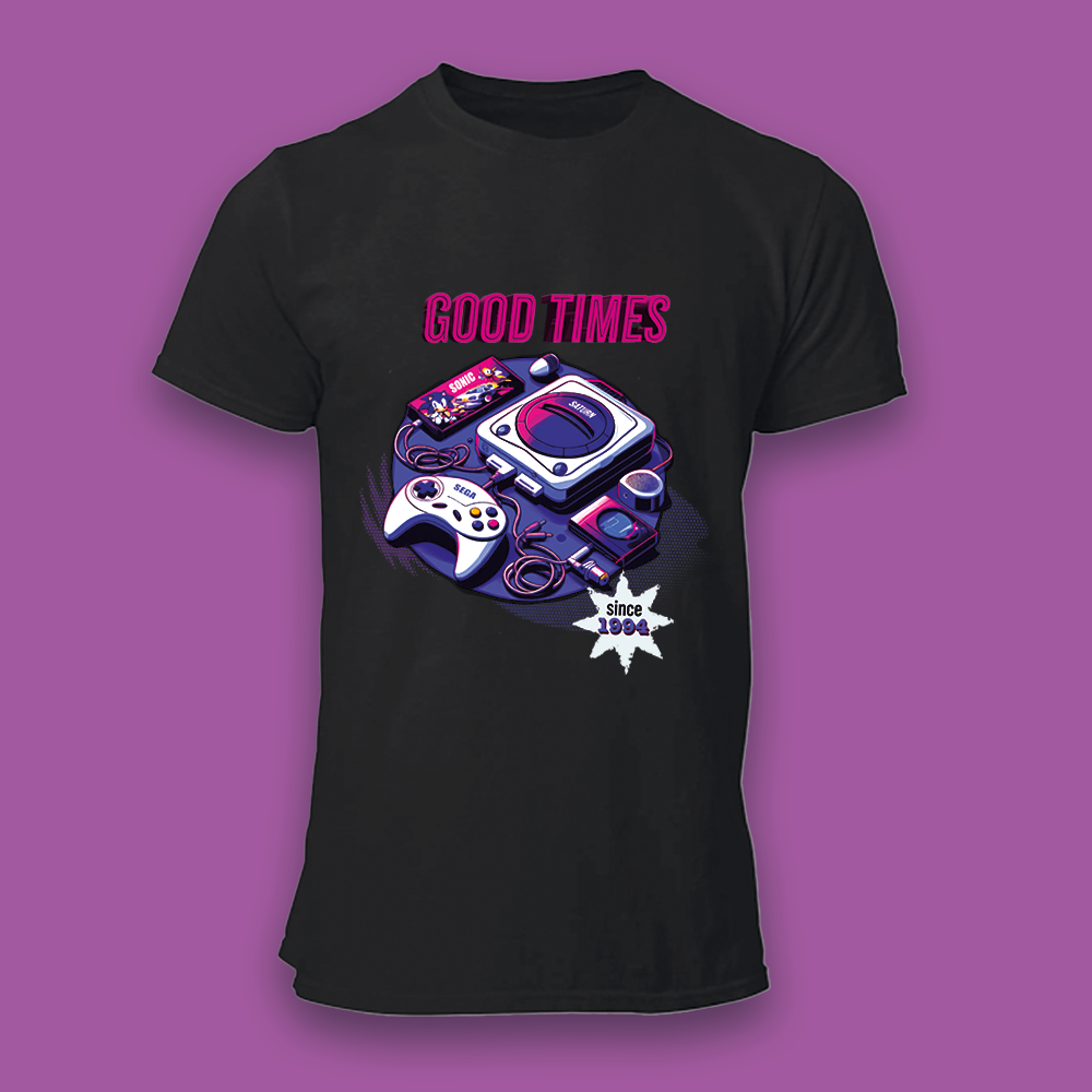 Black t-shirt with "Sega Saturn" illustration, 190g cotton, DTF printing