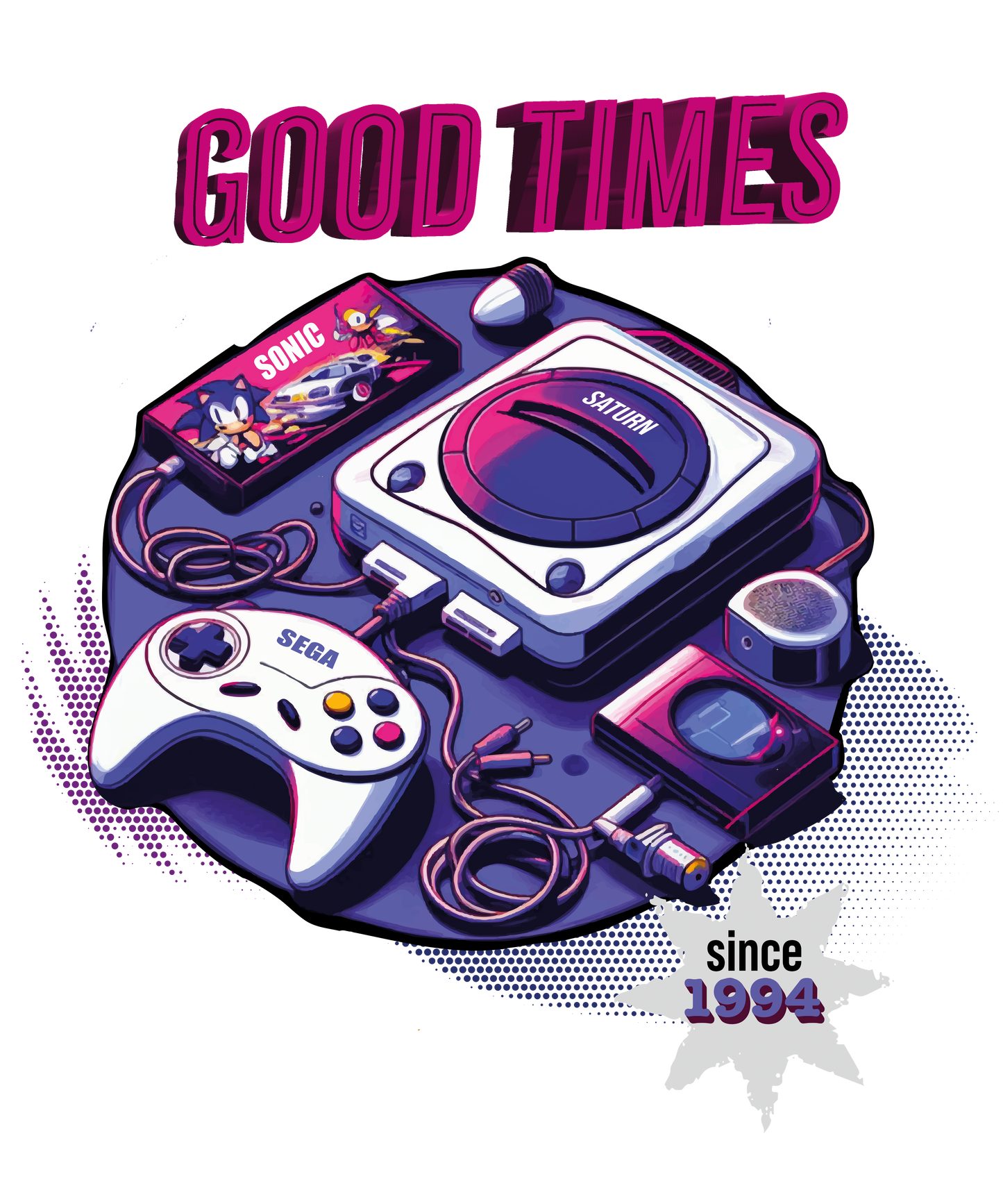 Black t-shirt with "Sega Saturn" illustration, 190g cotton, DTF printing