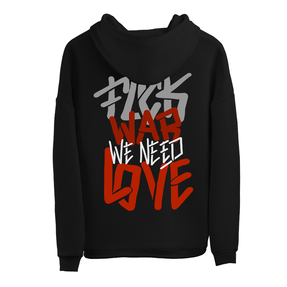 Sweatshirt preta "f*** war, we need love", unissexo com capuz - 320 g/m2, 50% algodão, 50% poliéster