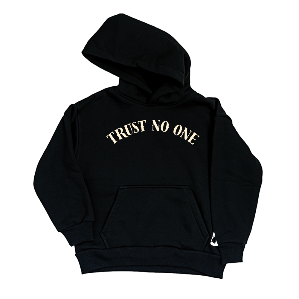 Sweatshirt preta "Trust no one", unissexo com capuz - 320 g/m2, 50% algodão, 50% poliéster