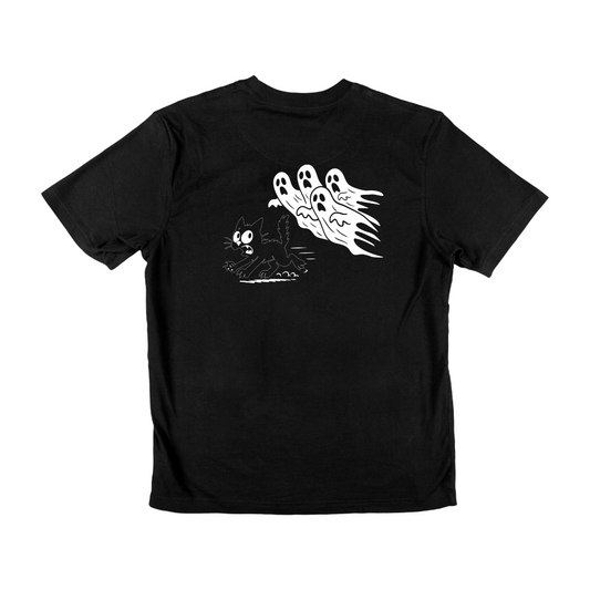 T-shirt preta "cat vs ghost" unissexo 190g, algodão, decote redondo