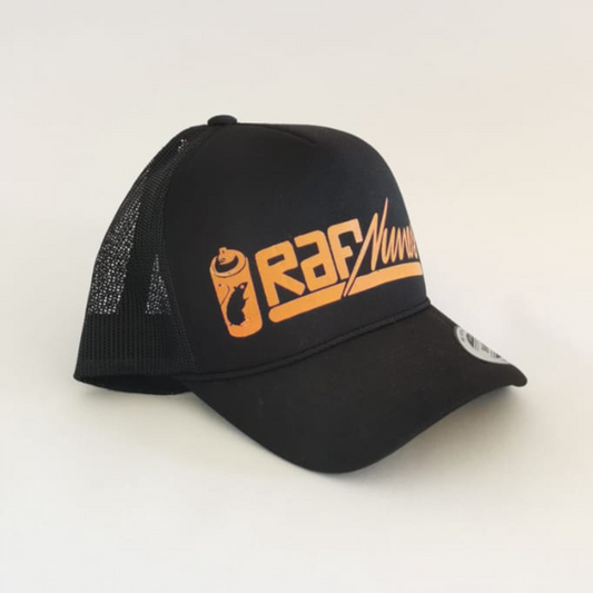 Trucker cap, mesh cap, black and orange "RAFNUNES"