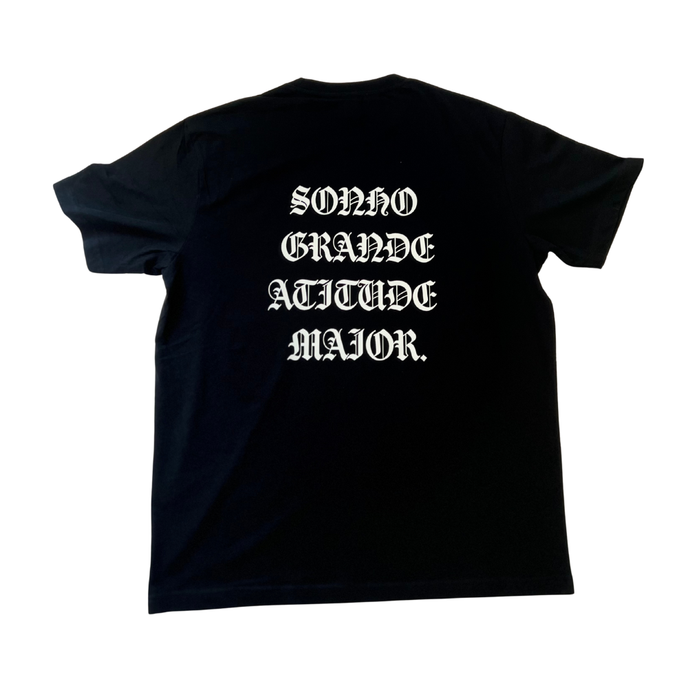 T-shirt oversize preta , "sonho grande, atitude maior", algodão, 200g