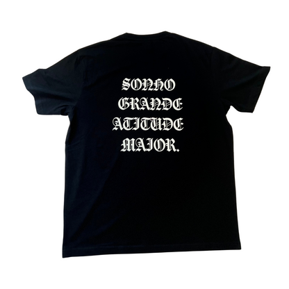 T-shirt oversize preta , "sonho grande, atitude maior", algodão, 200g