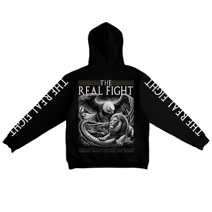Sweatshirt preta "the real fight", unissexo com capuz - 320 g/m2, 50% algodão, 50% poliéster