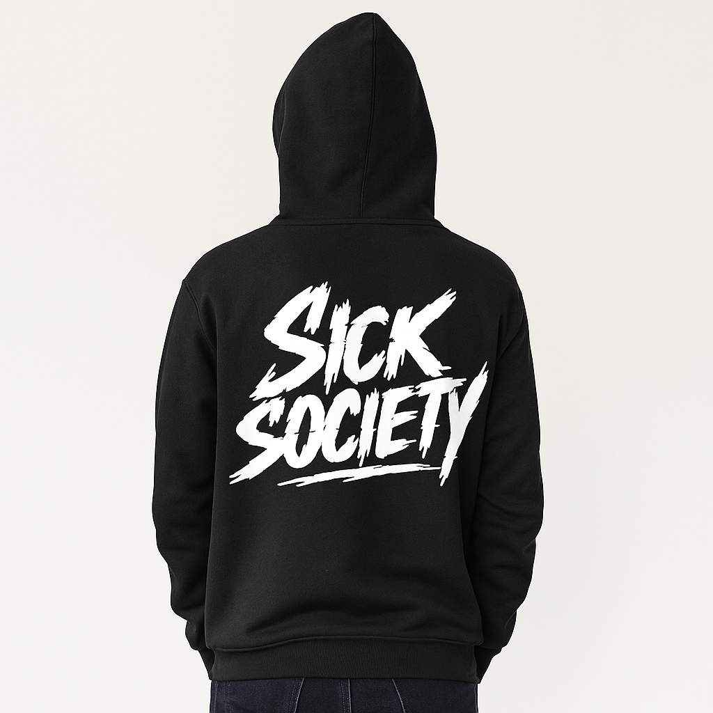 Sweatshirt preta "sick society", Portugal, unissexo com capuz - 320 g/m2, 50% algodão, 50% poliéster