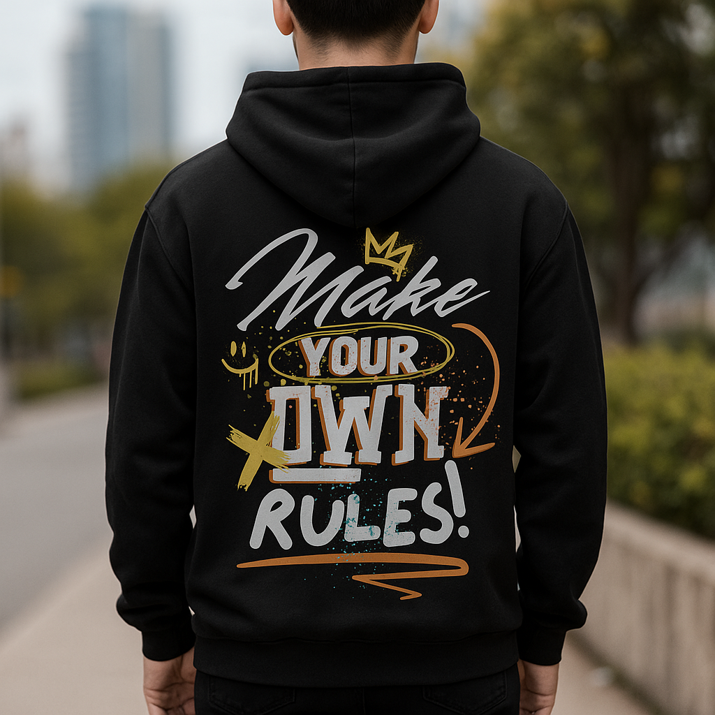 Sweatshirt preta "Make your own rules!", unissexo com capuz - 320 g/m2, 50% algodão, 50% poliéster