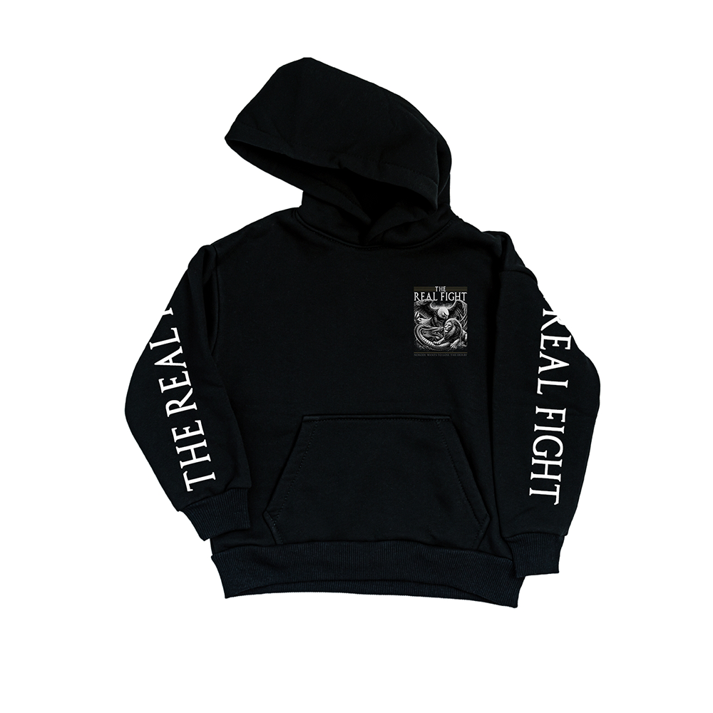 Sweatshirt preta "the real fight", unissexo com capuz - 320 g/m2, 50% algodão, 50% poliéster