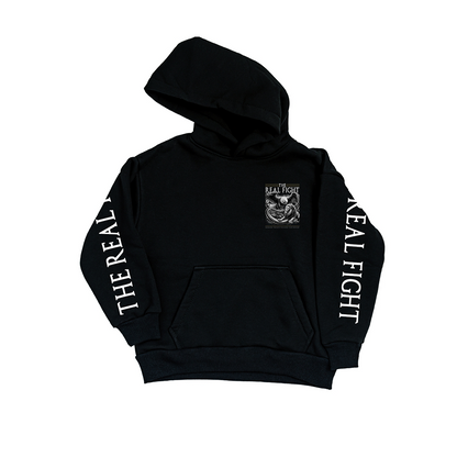 Sweatshirt preta "the real fight", unissexo com capuz - 320 g/m2, 50% algodão, 50% poliéster