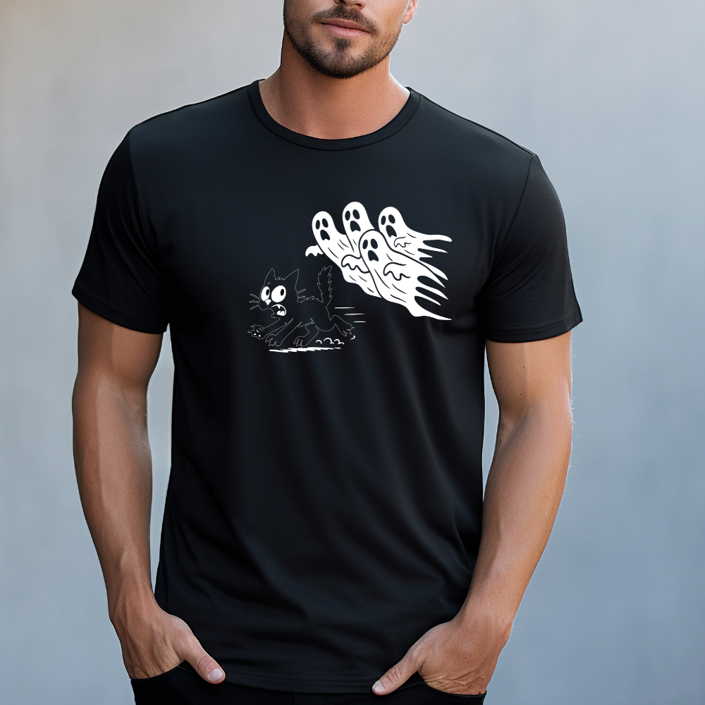 T-shirt preta "cat vs ghost" unissexo 190g, algodão, decote redondo