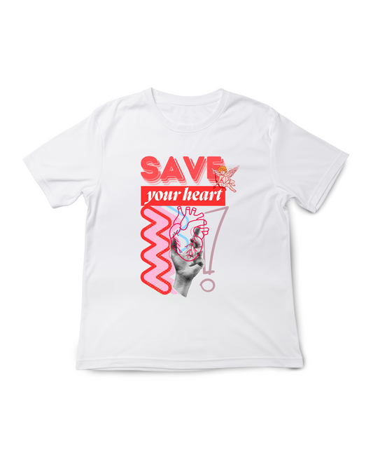 T-shirt branca "save your heart"" unissexo 190g, algodão, decote redondo