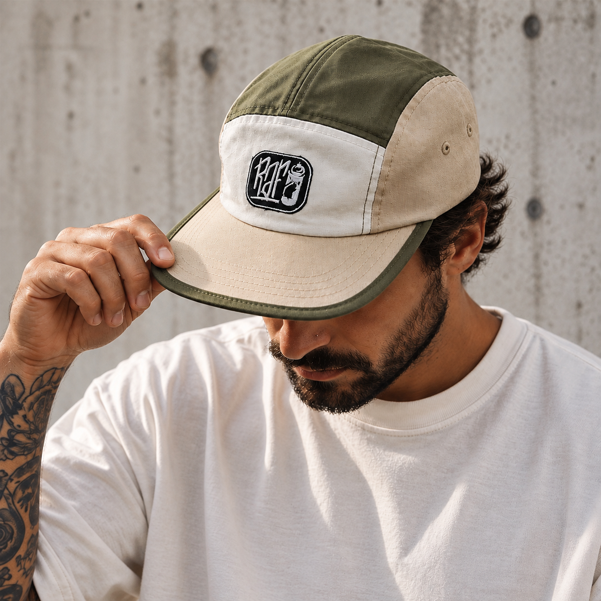 Boné 5 Panel RafNunes – Olive & Sand