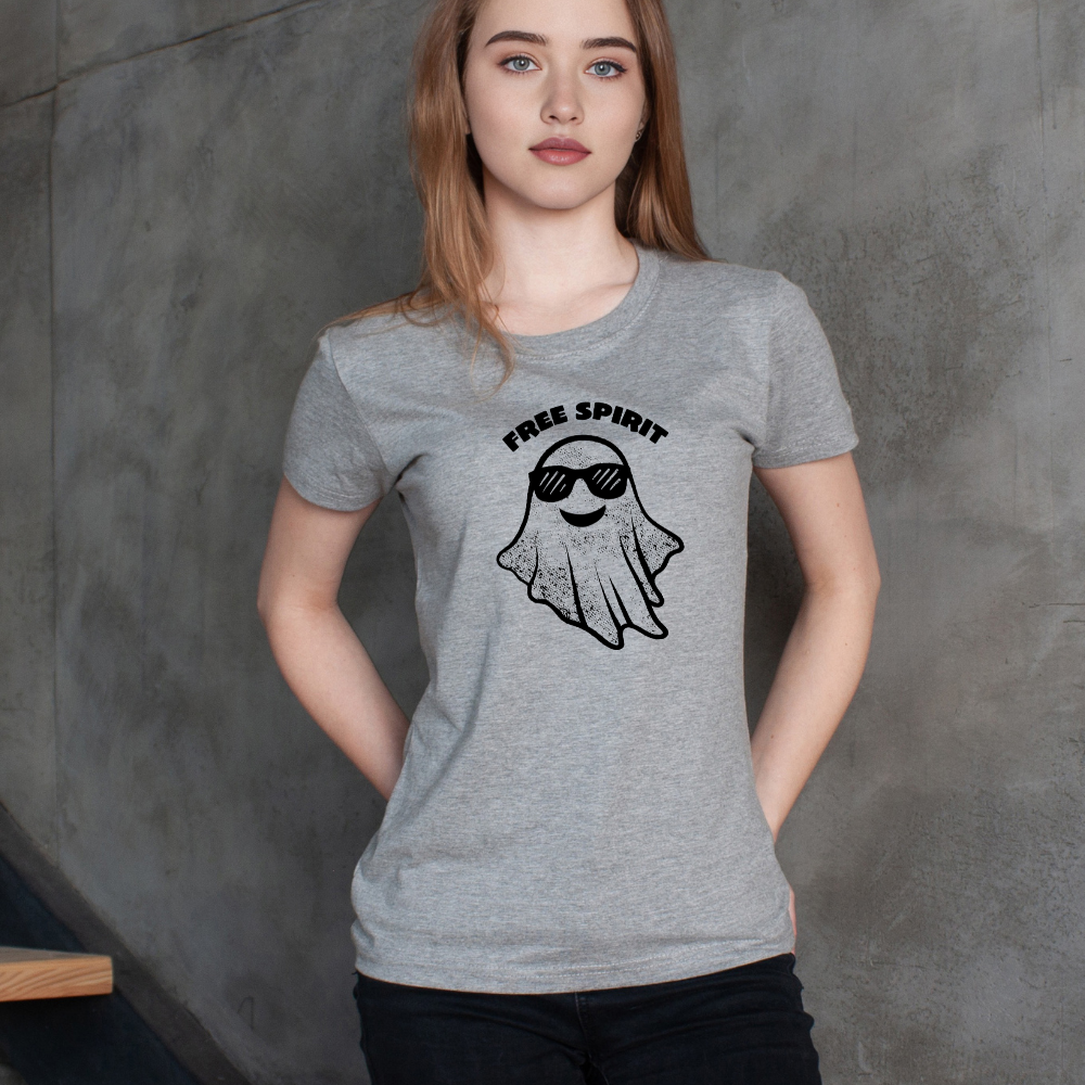 T-shirt preta "free spirit" unissexo 190g, algodão, decote redondo