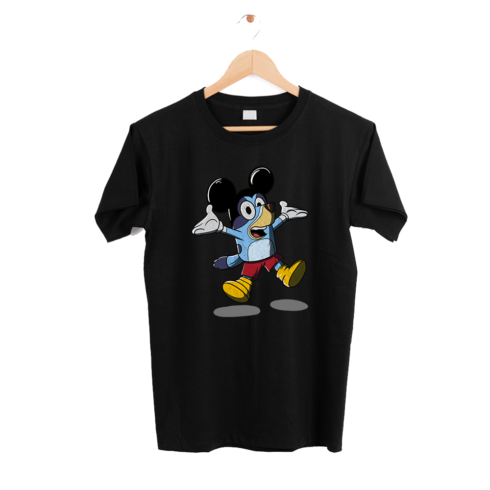 T-shirt preta "mashup bluey e Mickey Mouse" unissexo 190g, algodão, decote redondo