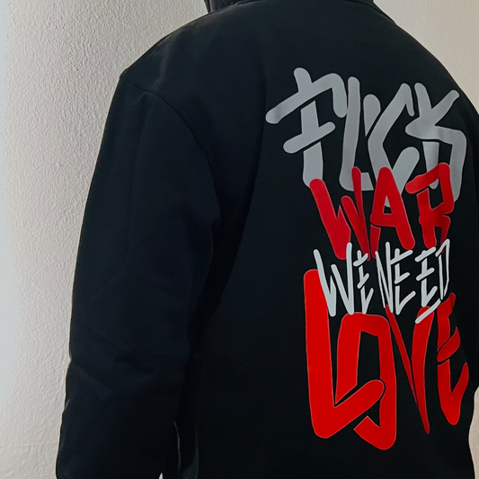 Sweatshirt preta "f*** war, we need love", unissexo com capuz - 320 g/m2, 50% algodão, 50% poliéster