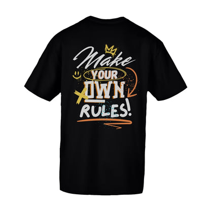 T-shirt oversize preta “Make your own rules!” 100% algodão, 200g