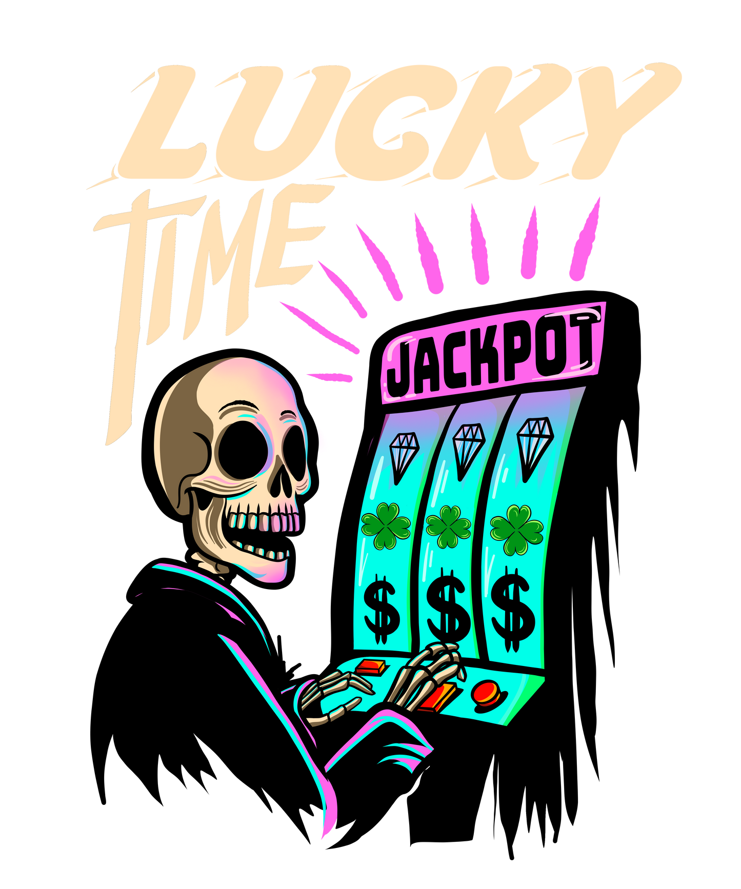 T-shirt preta com ilustração "lucky time" de algodão 190g, impressão em DTF