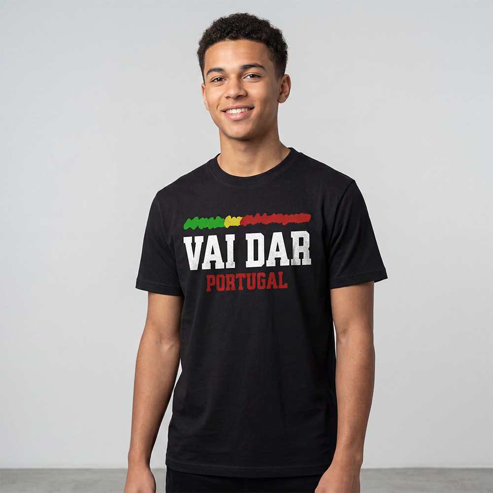T-shirt regular ou oversize preto, branca , Portugal , "VAI DAR", algodão, 190g