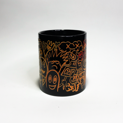 Caneca ceramica preta,com ilustração do artista RafNunes