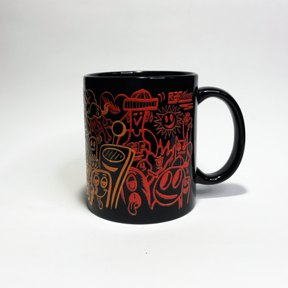 Caneca ceramica preta,com ilustração do artista RafNunes