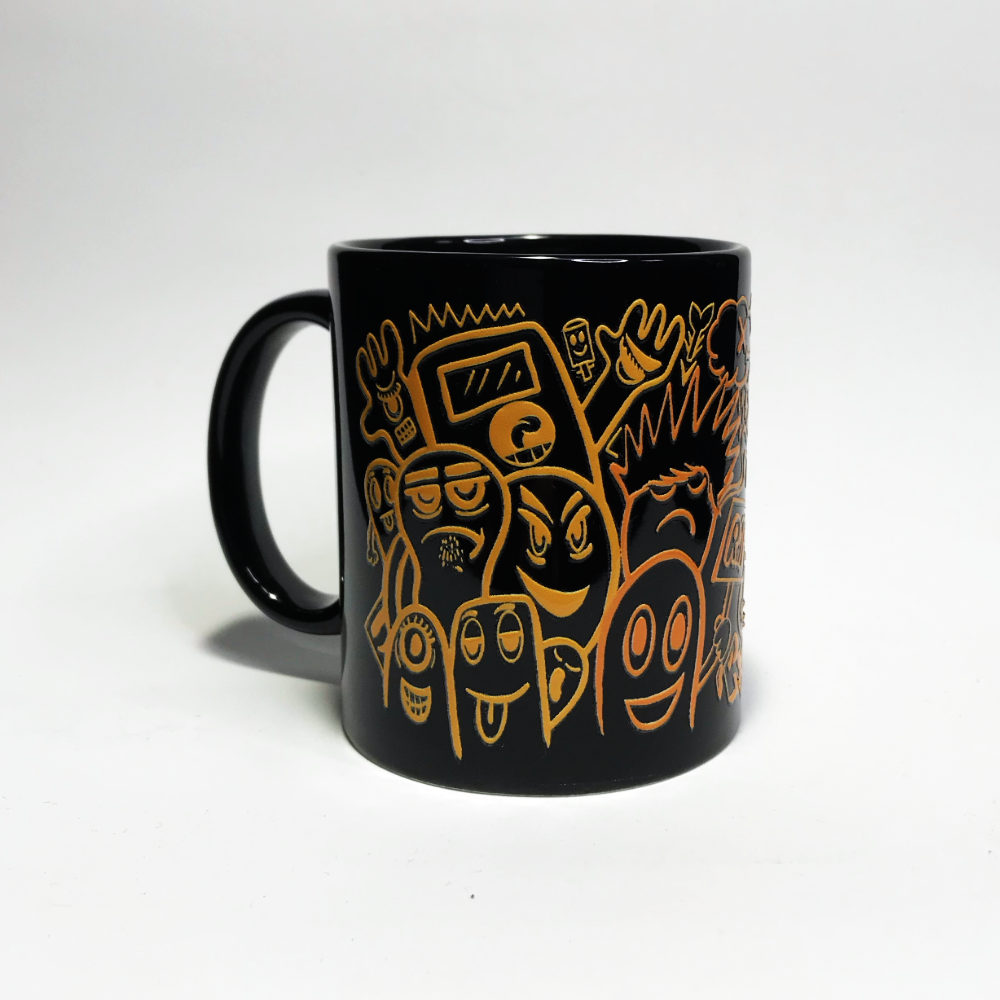 Caneca ceramica preta,com ilustração do artista RafNunes