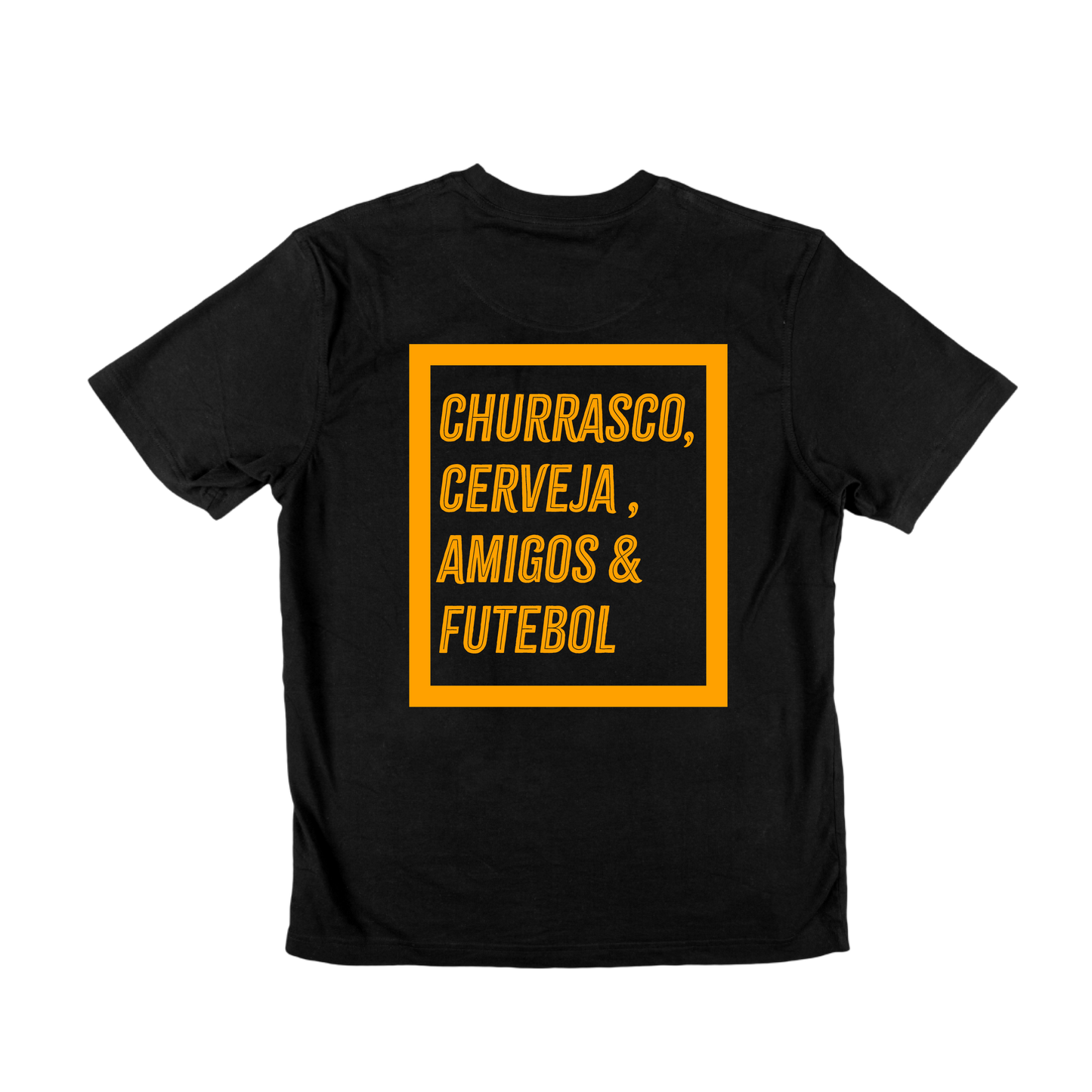 T-shirt preta "Churrasco e amigos" unissexo 190g, algodão, decote redondo