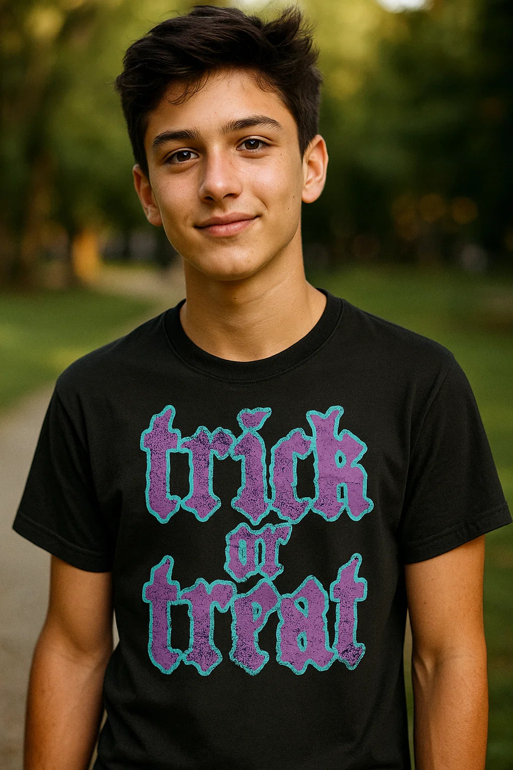 T-shirt preta "trick or treat" unissexo 190g, algodão, decote redondo
