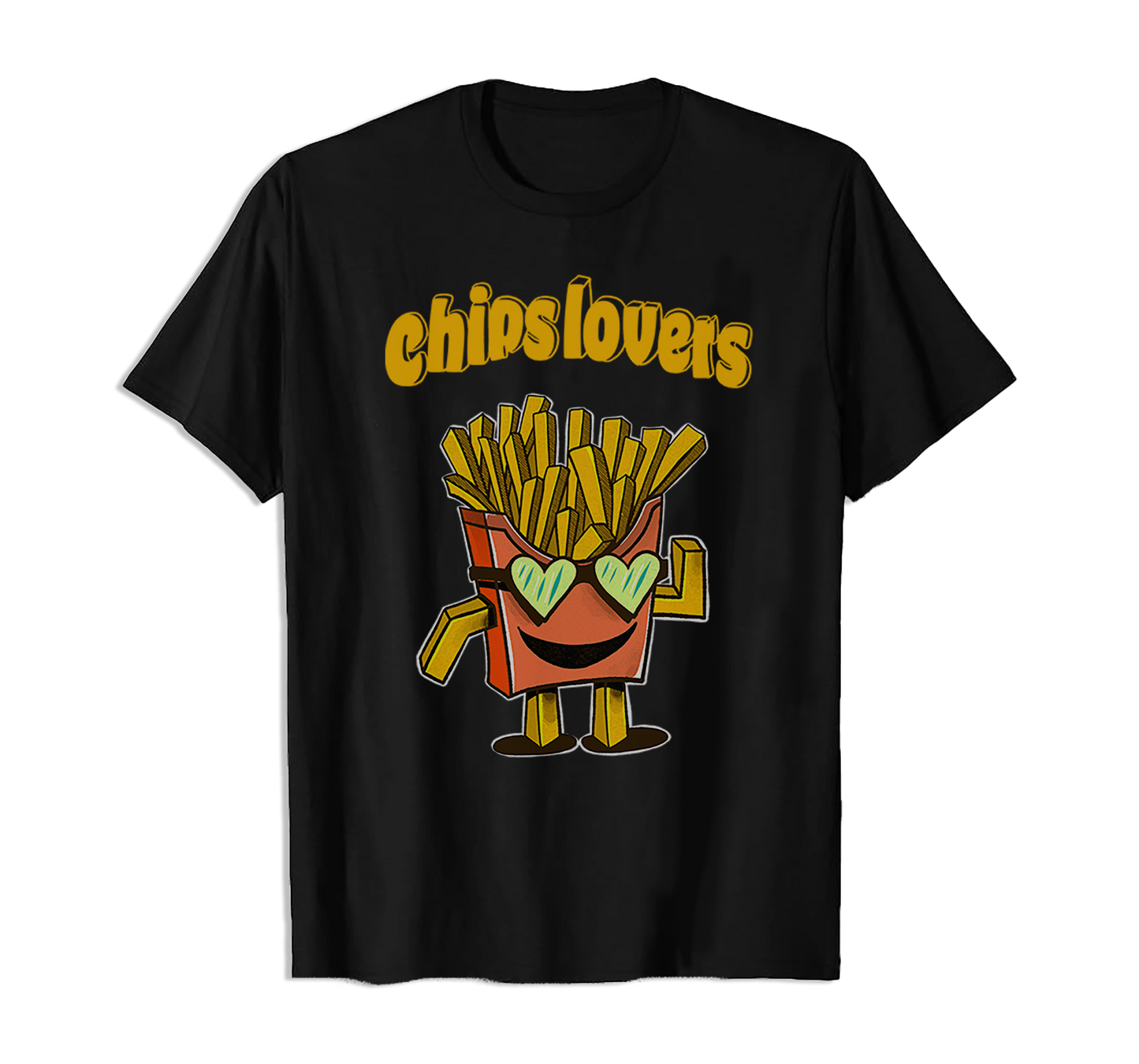 T-shirt preta "Chips lovers" unissexo 190g, algodão, decote redondo